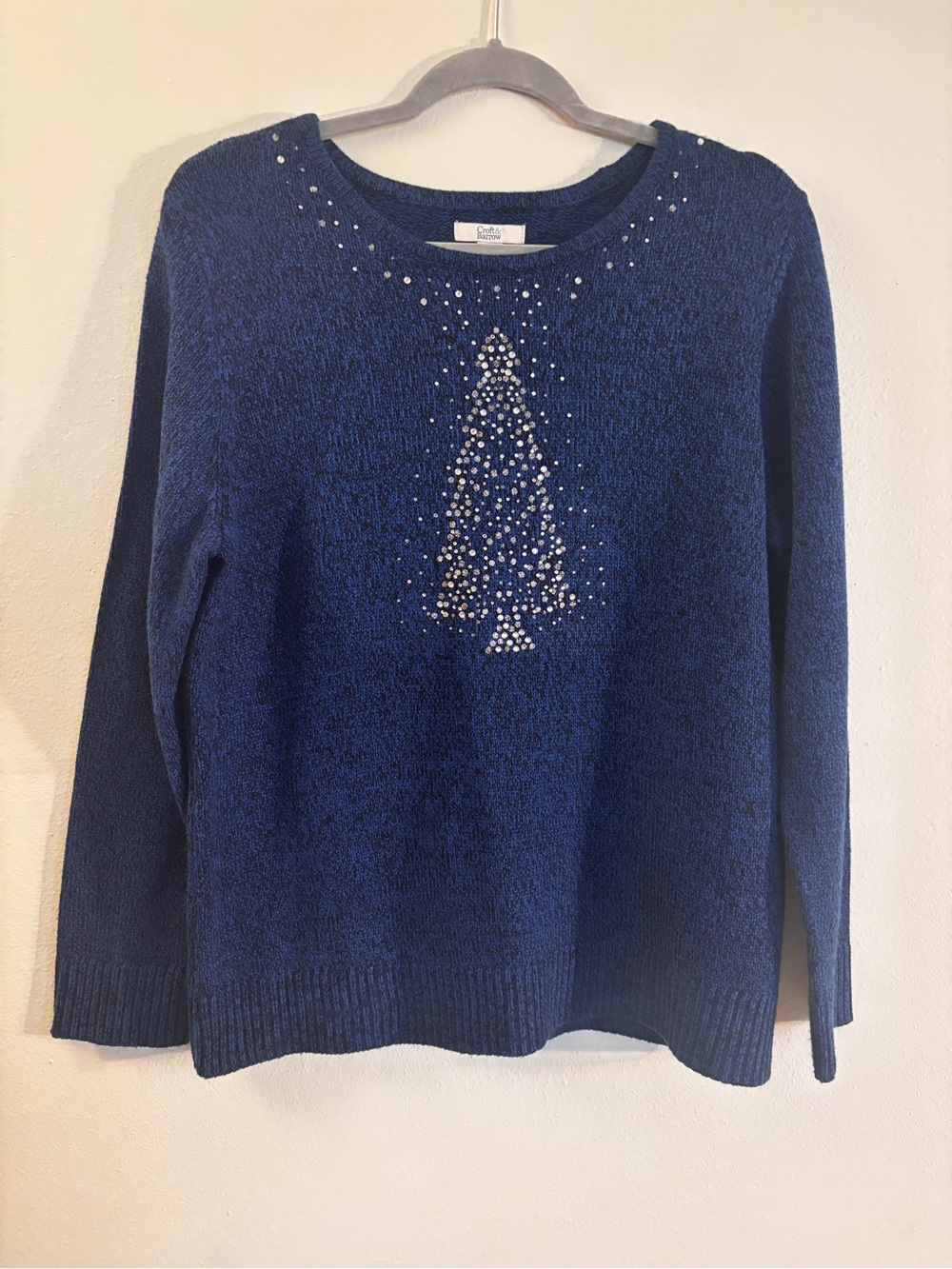Croft and Barrow Navy Blue and Silver Holiday Sweater with Rhinestone Tree